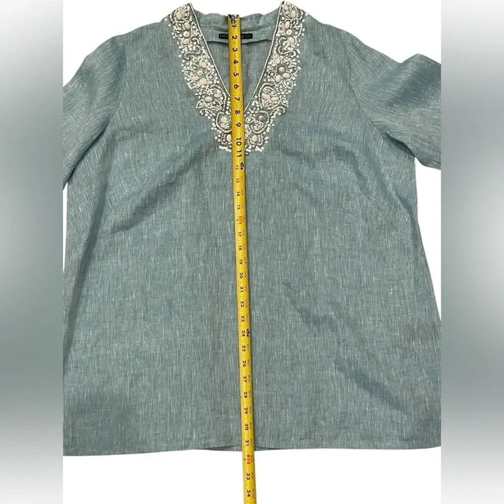 Lafayette 148 Womens Blue White beaded Long sleeve blouse size 18 - Picture 7 of 10